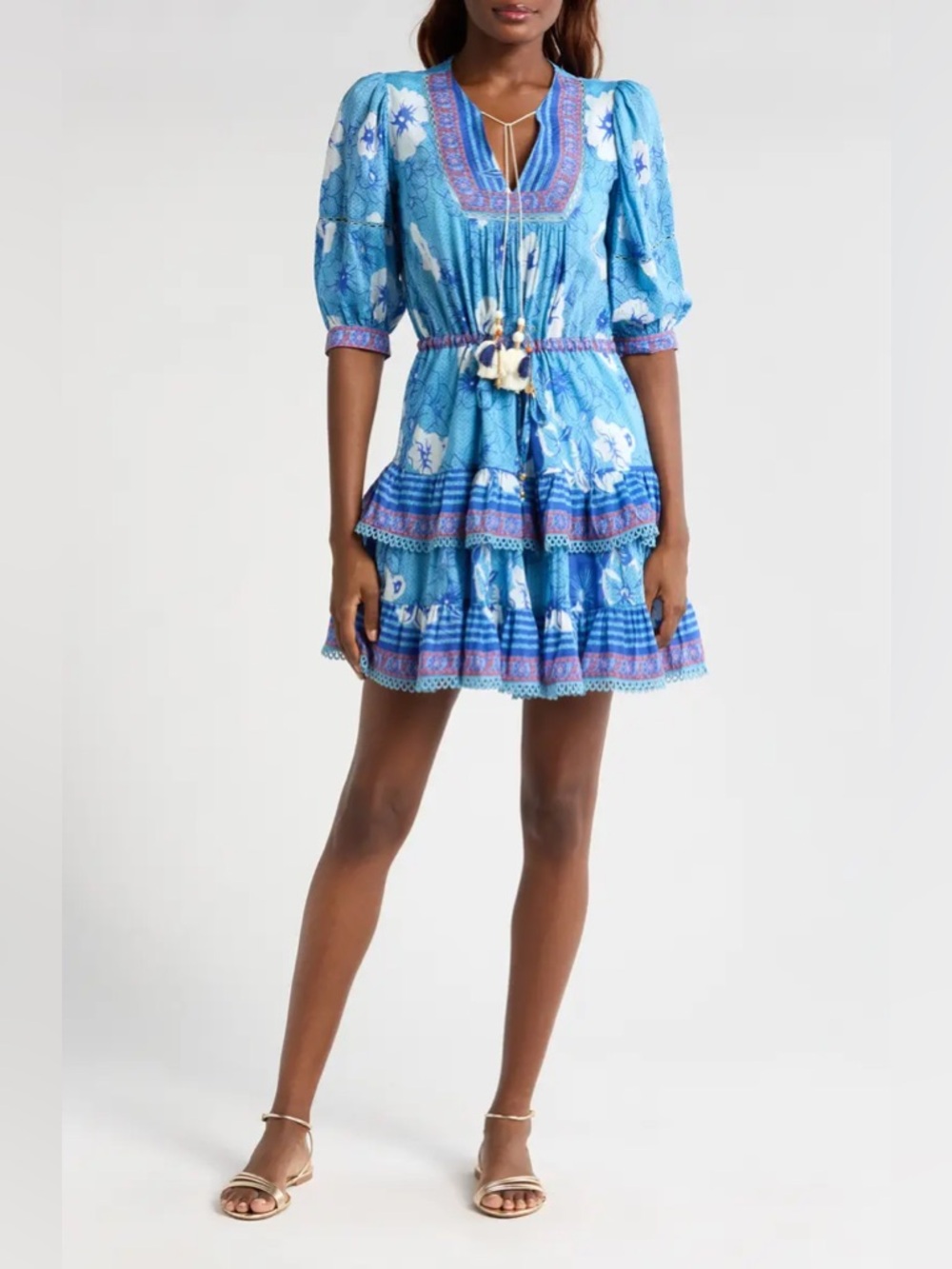 Blue Floral Tiered Dress with Tassel Tie